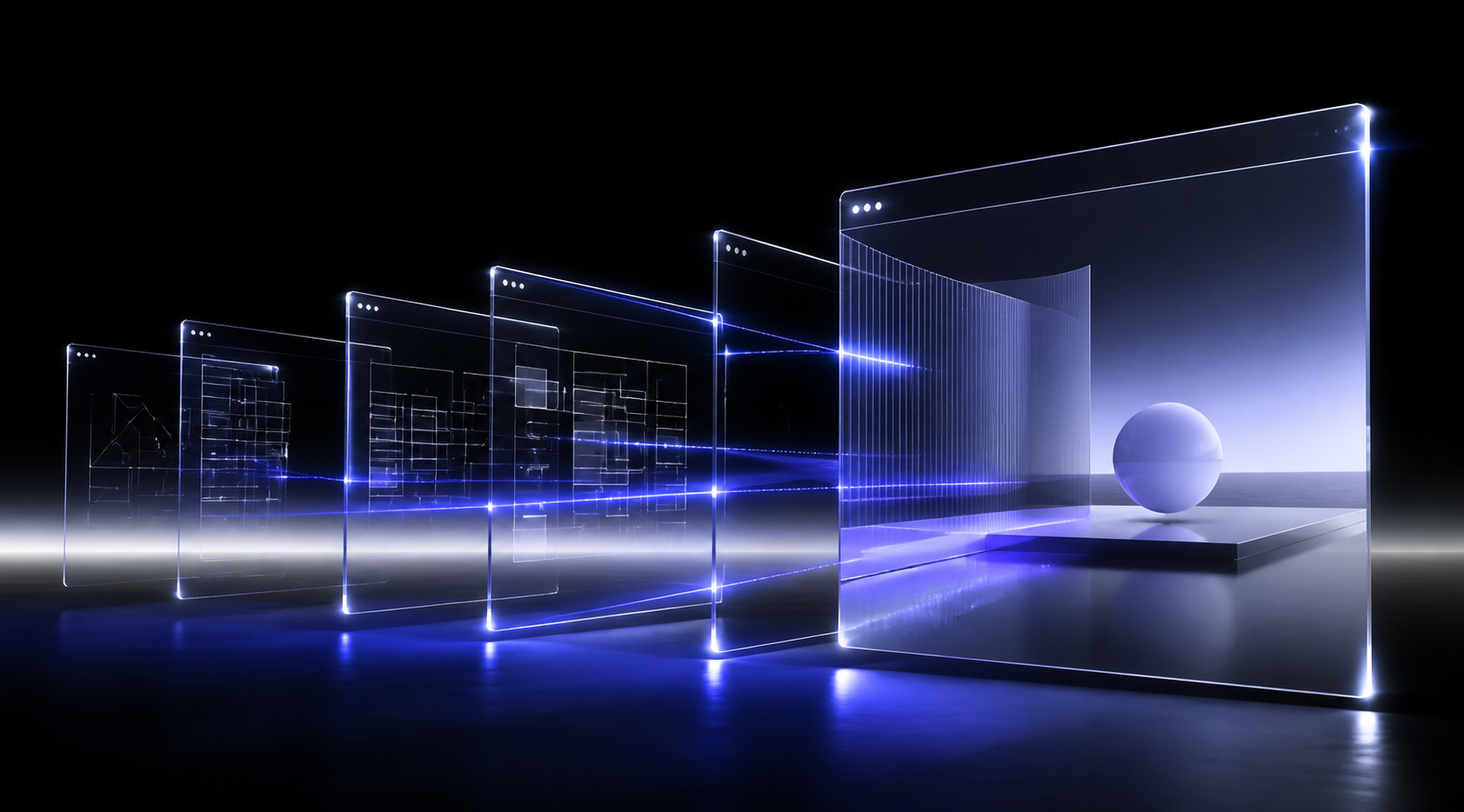 Cinematic glass interface planes connected by blue light