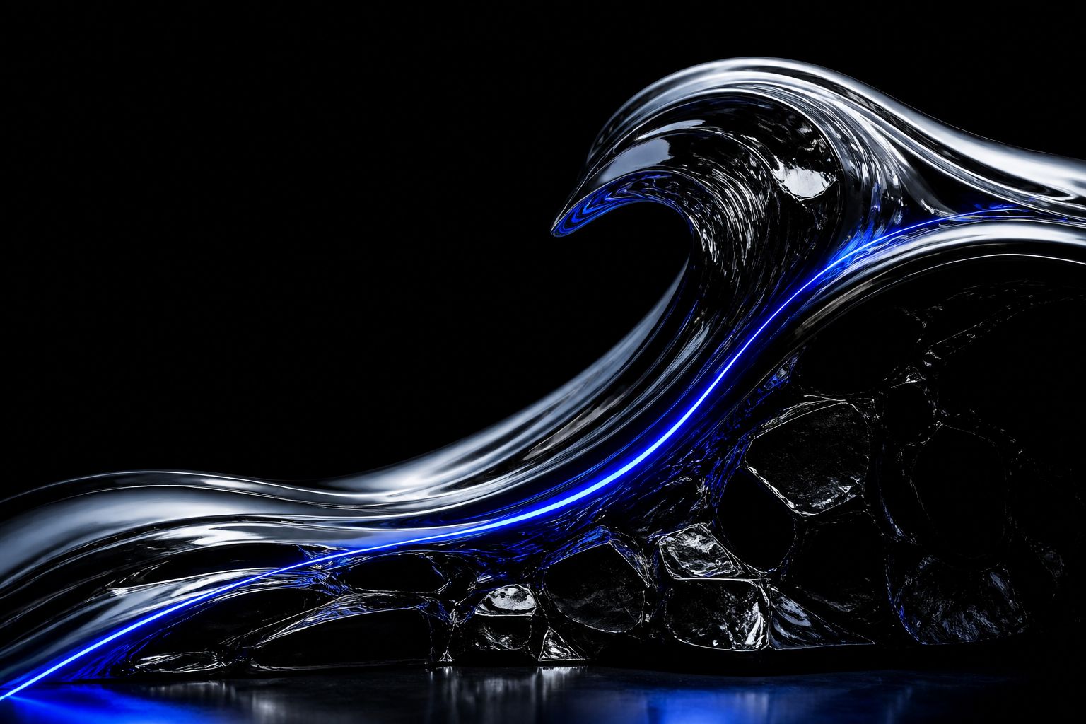 Abstract obsidian and chrome wave illuminated by an electric blue line